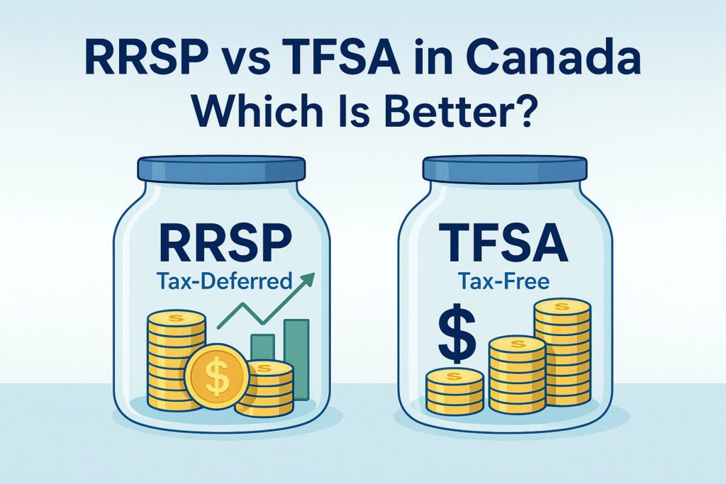 RRSP vs TFSA in Canada – illustration of tax-deferred and tax-free savings accounts with coins in jars