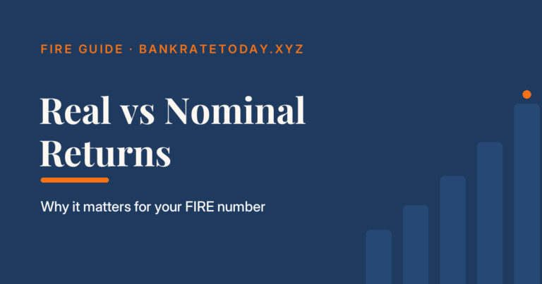Real vs nominal returns explained — why it matters for your FIRE number, illustrated on a BankrateToday branded card